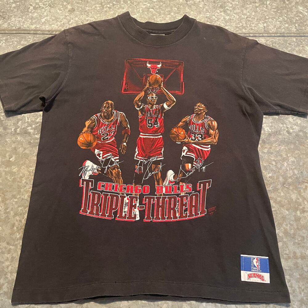 Vintage 90s Chicago Bulls Triple Threat Shirt Large Jordan Pippen Rodman USA NBA